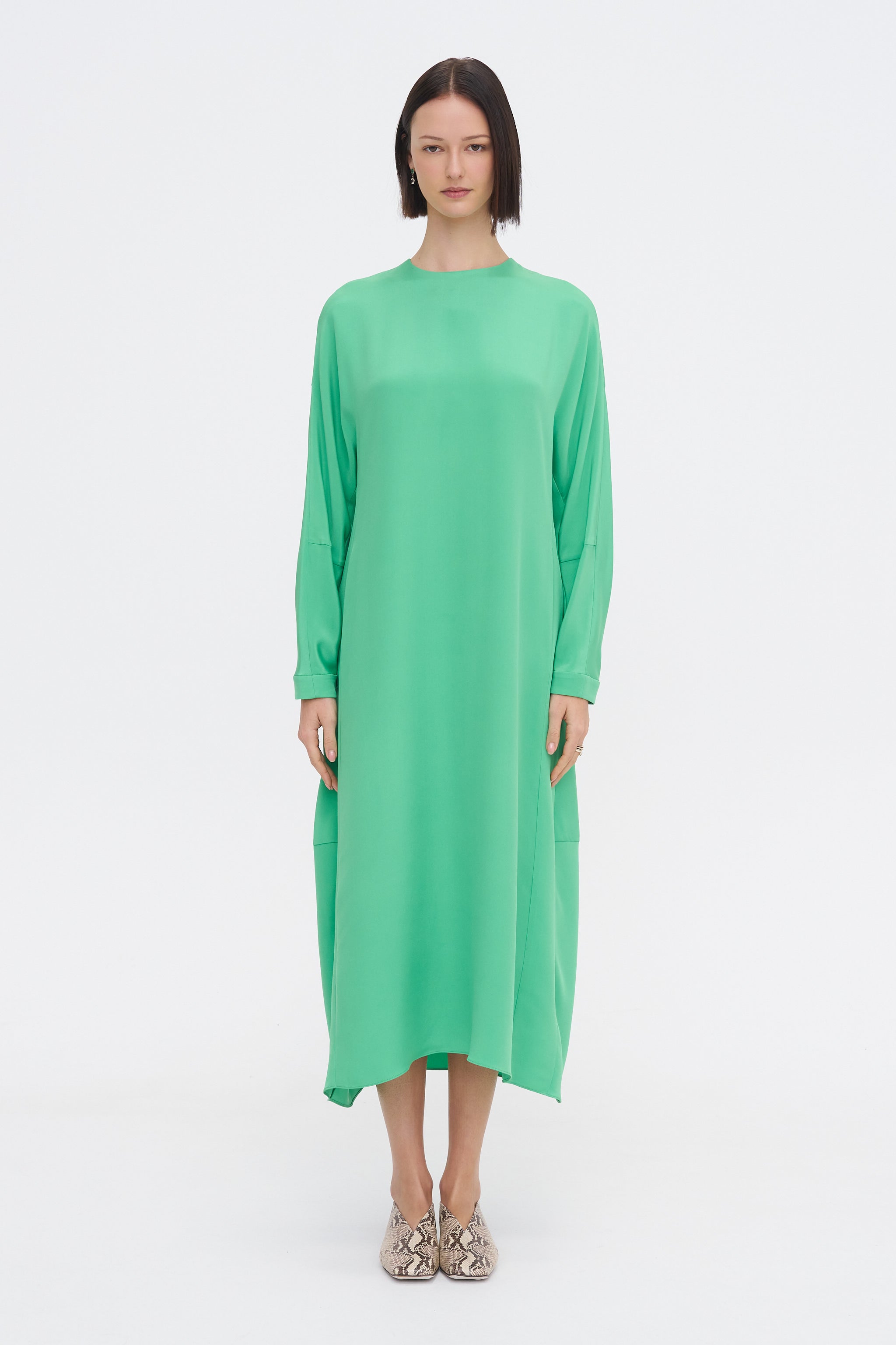 4-Ply Silk Long Sleeve Cocoon Dress, Green