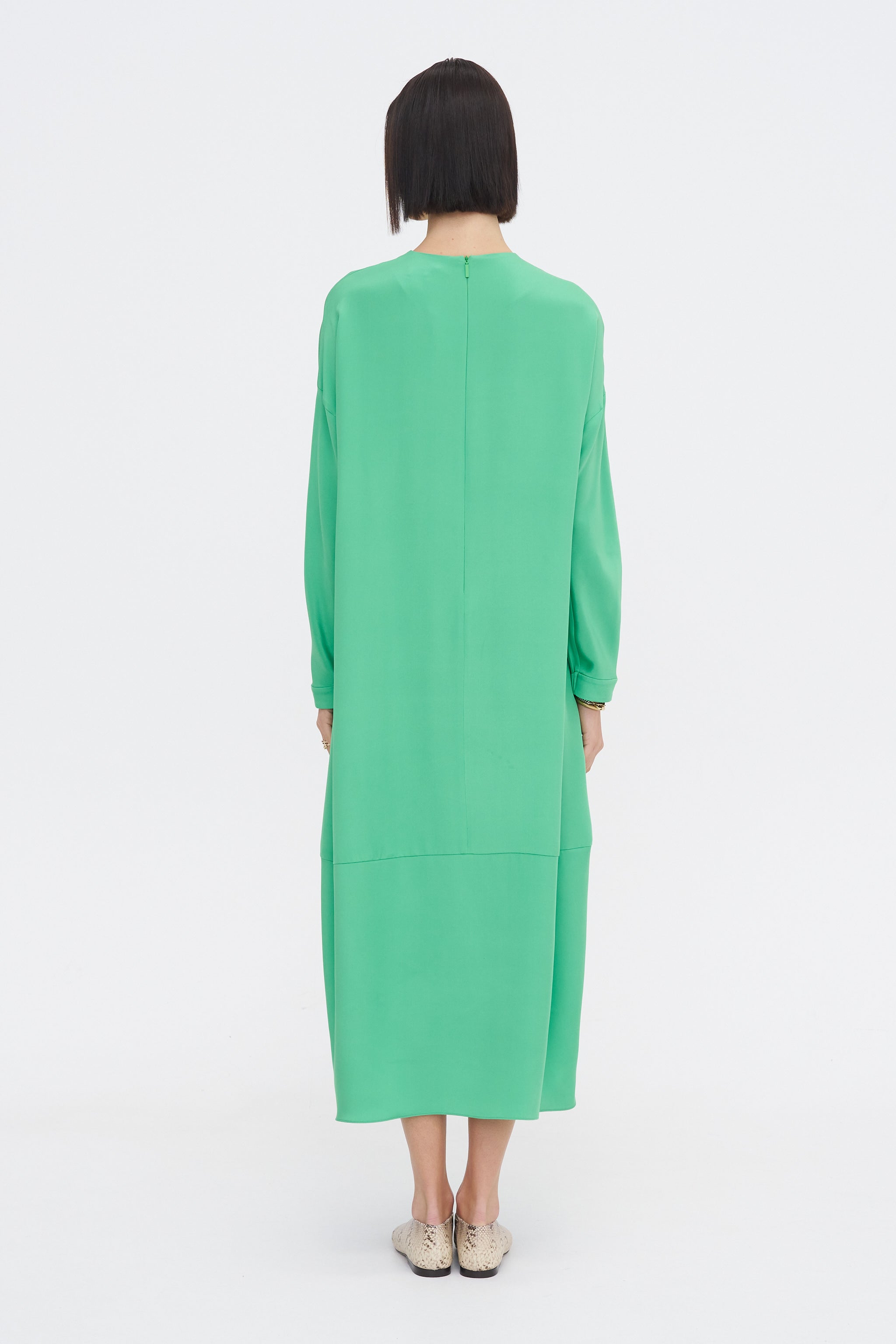 4-Ply Silk Long Sleeve Cocoon Dress, Green