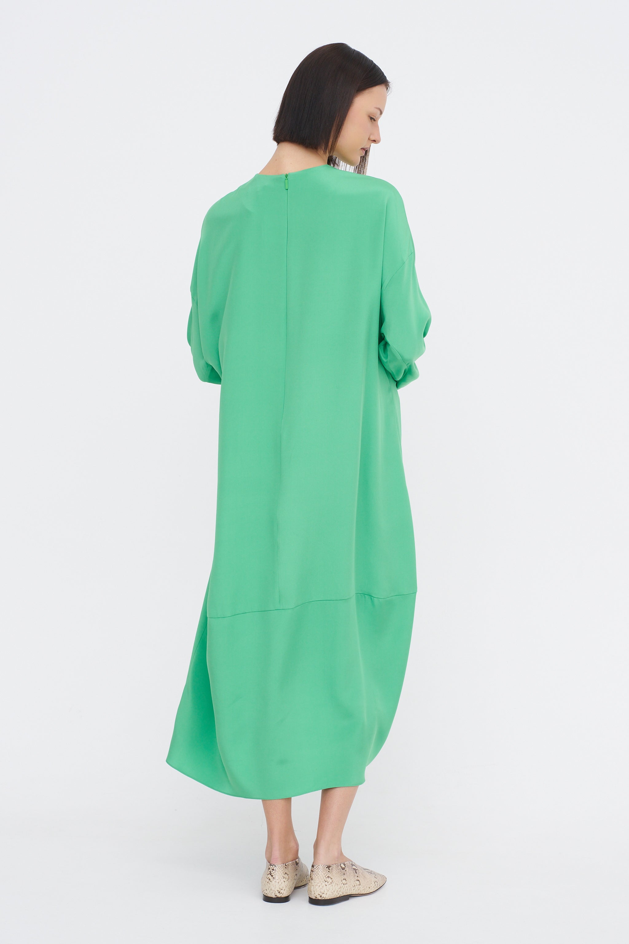 4-Ply Silk Long Sleeve Cocoon Dress, Green