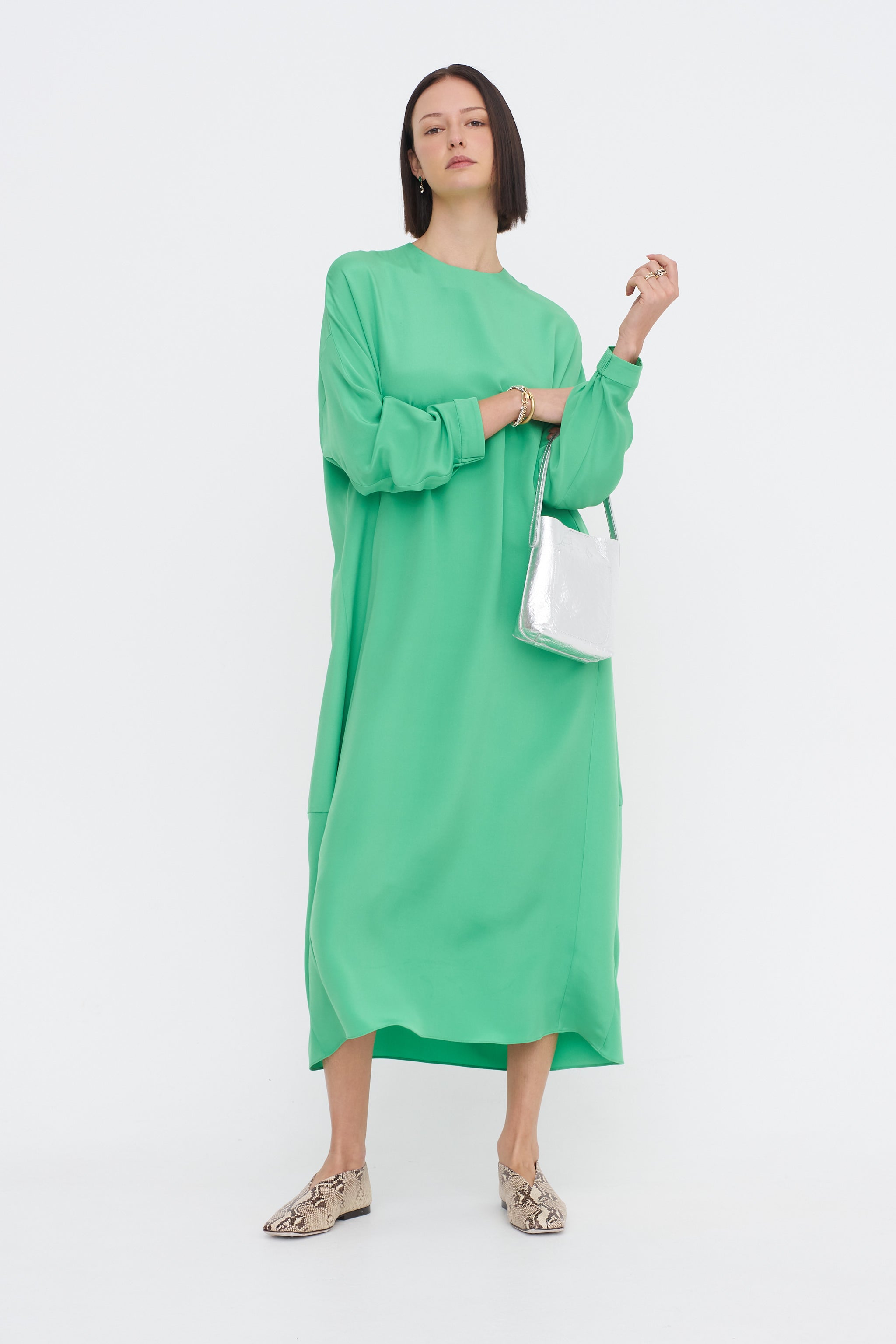 4-Ply Silk Long Sleeve Cocoon Dress, Green