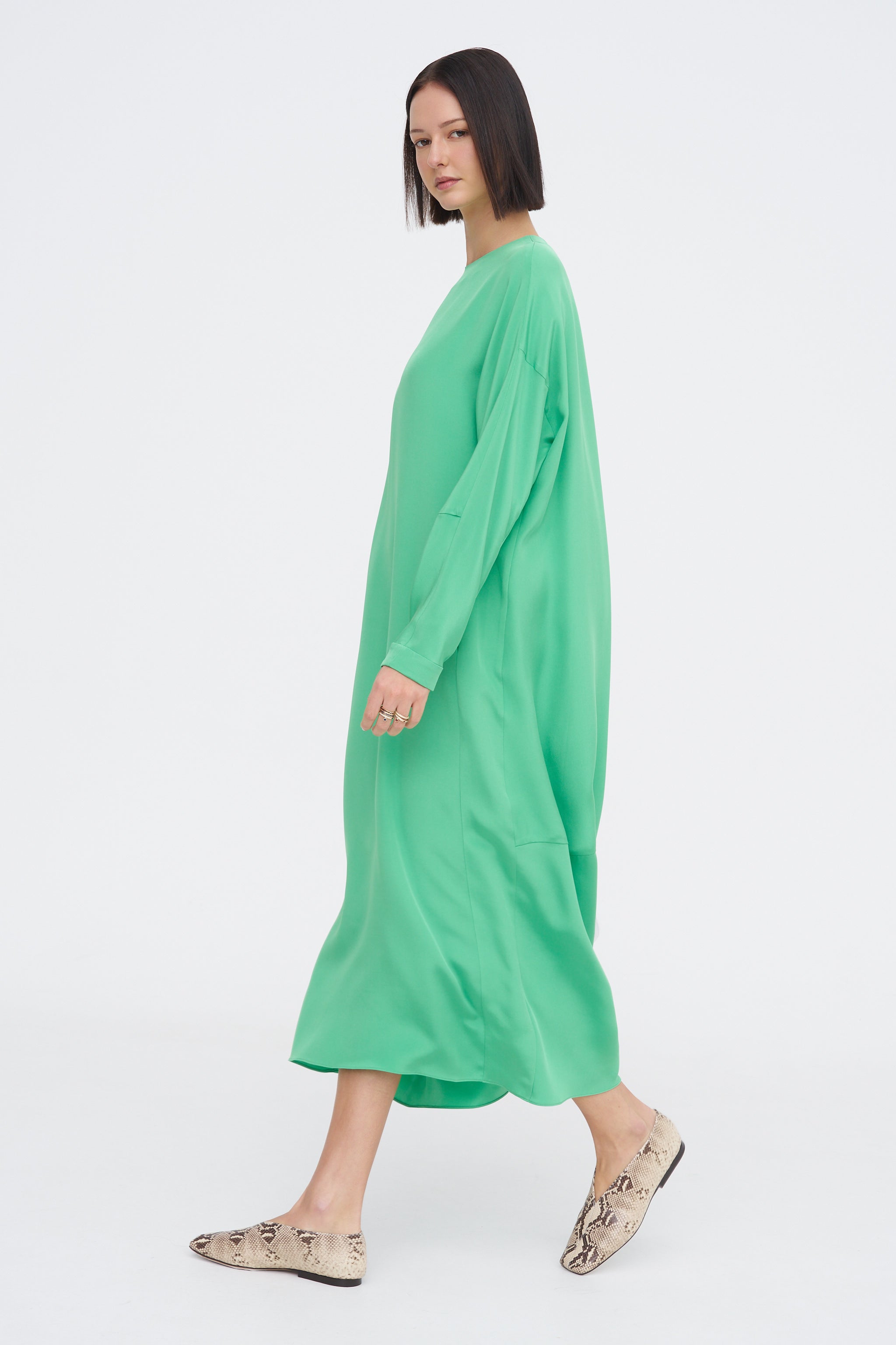 4-Ply Silk Long Sleeve Cocoon Dress, Green