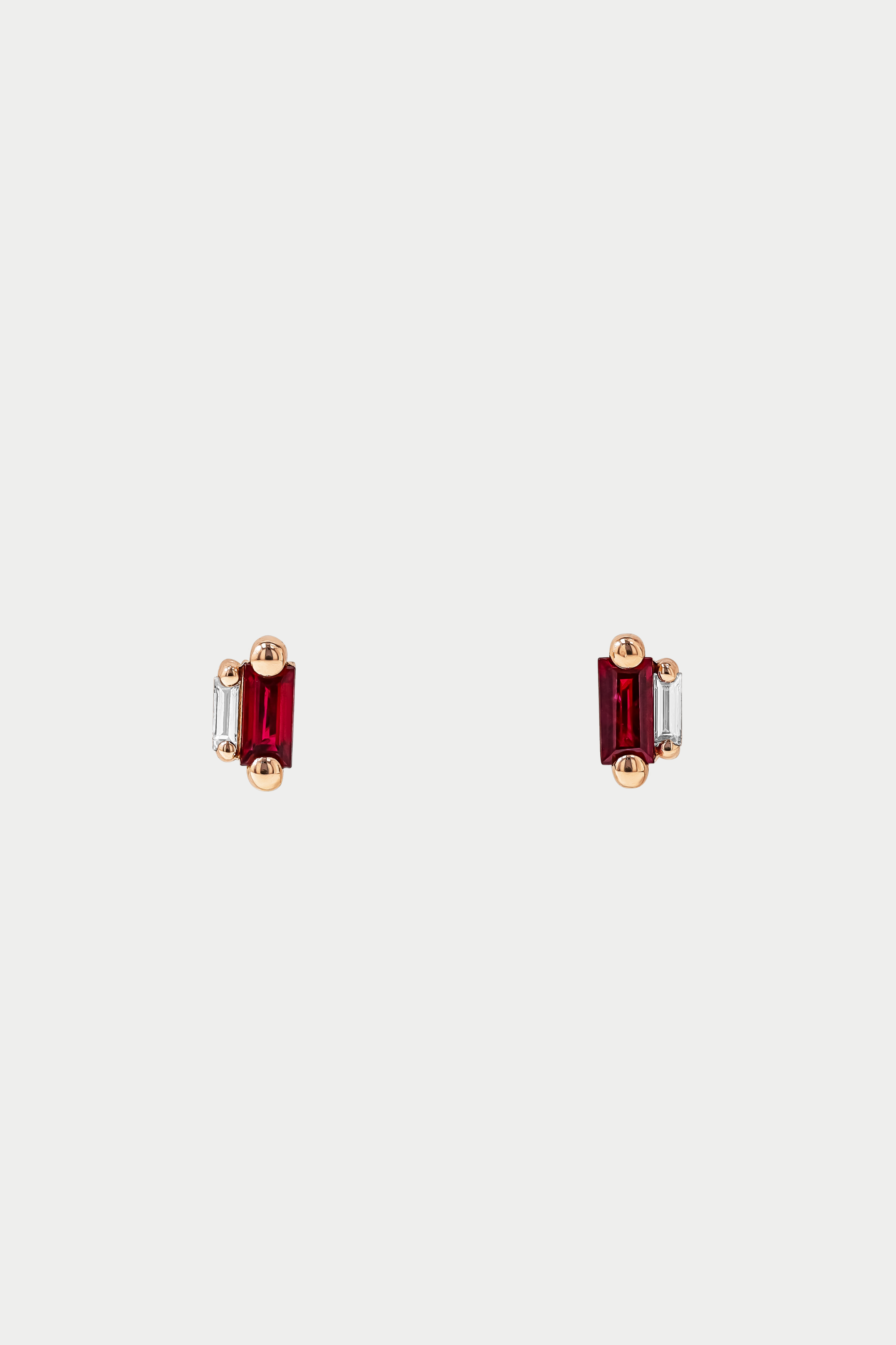 Baguette Post Earring, White Diamonds & Ruby