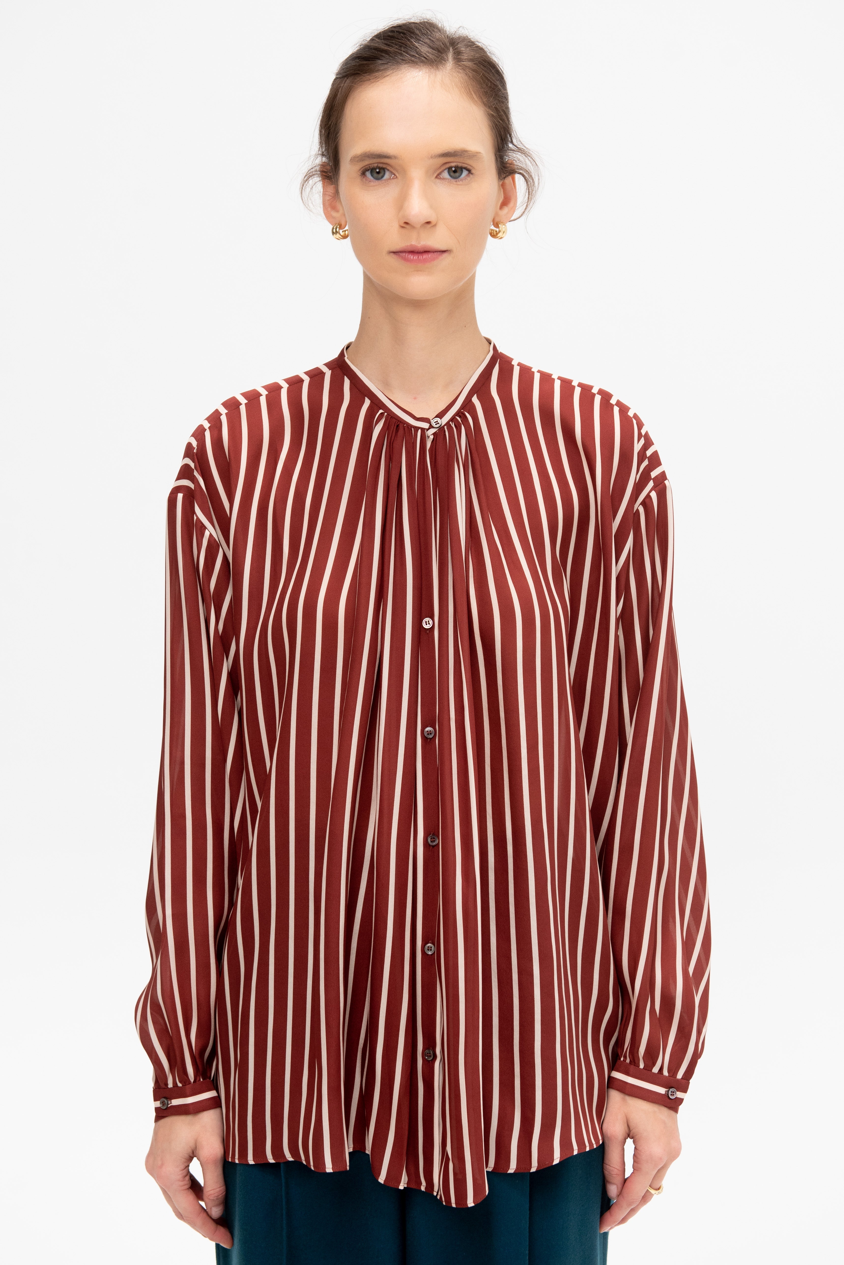 Adour - Striped Silk Satin Blouse, Ivory & Brown