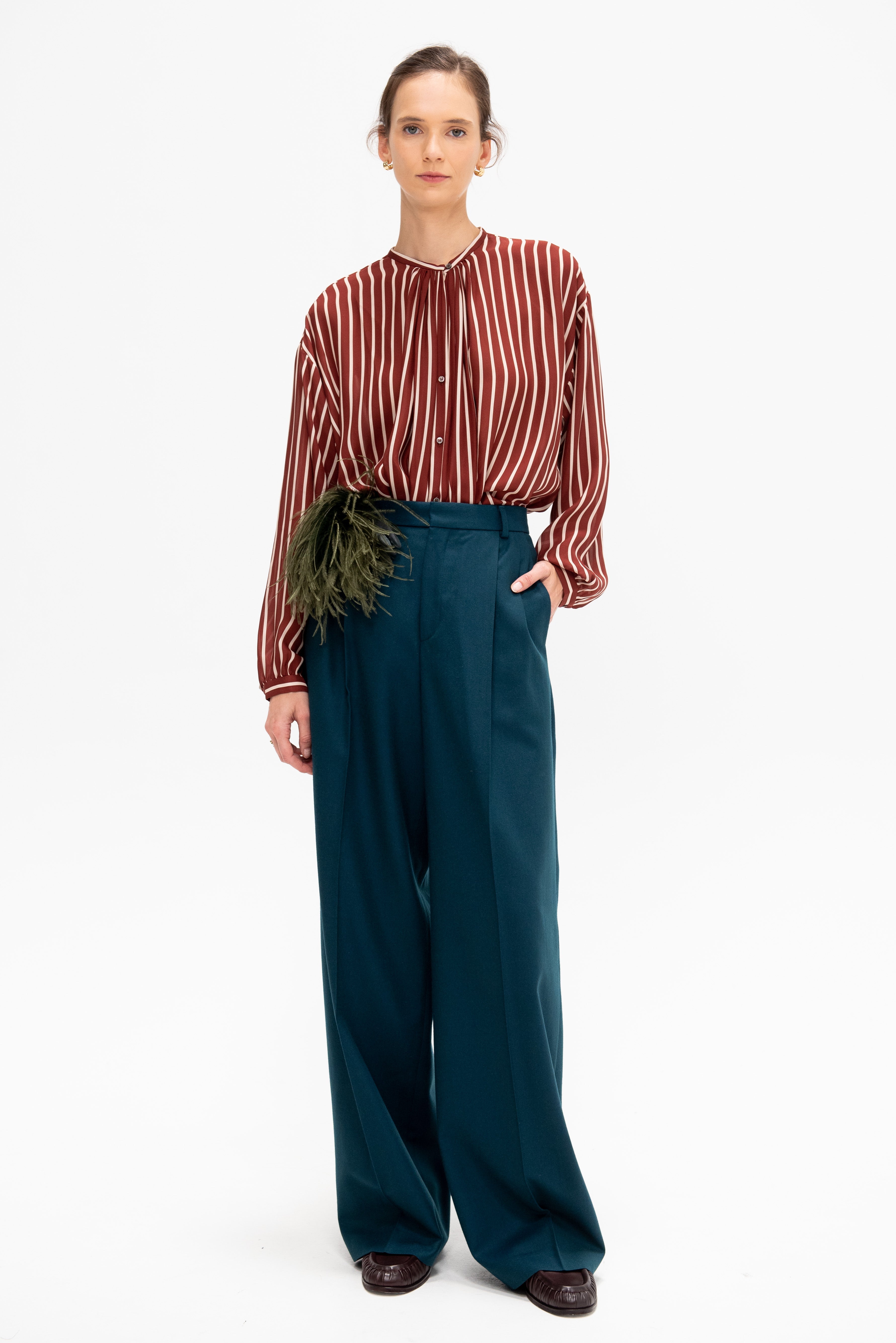 Adour - Striped Silk Satin Blouse, Ivory & Brown