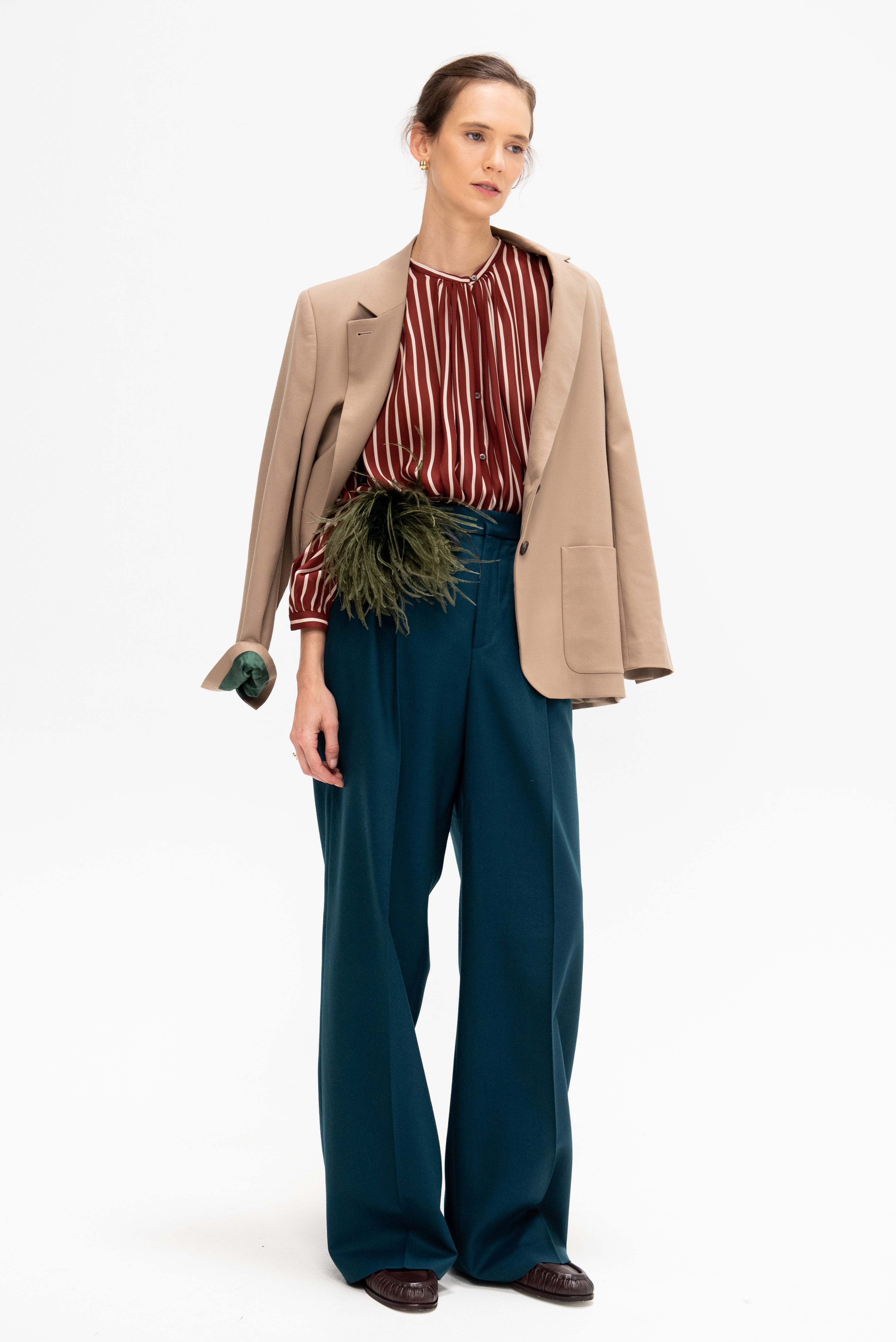 Adour - Striped Silk Satin Blouse, Ivory & Brown