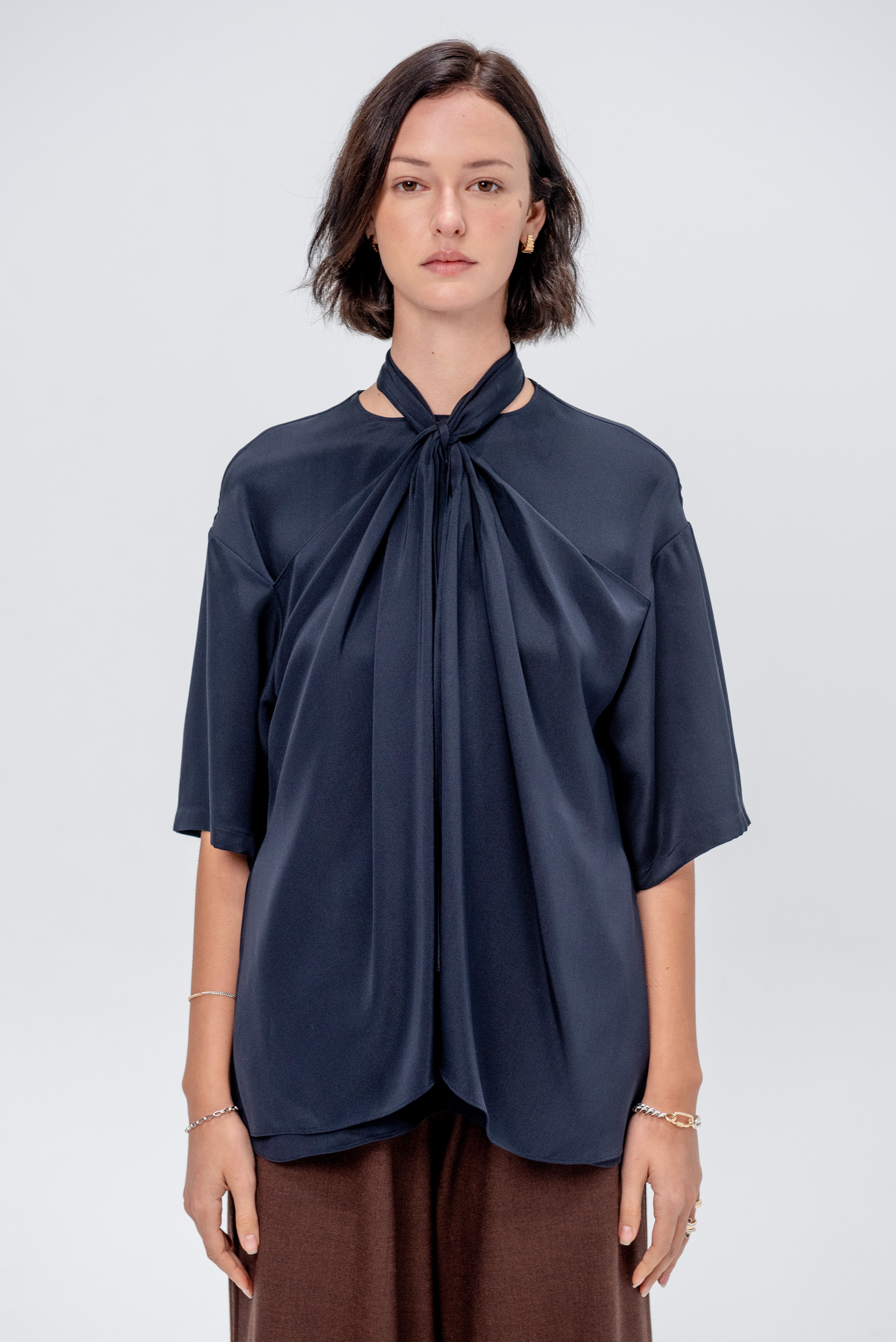 4-Ply Silk Tie Front Top, Dark Navy