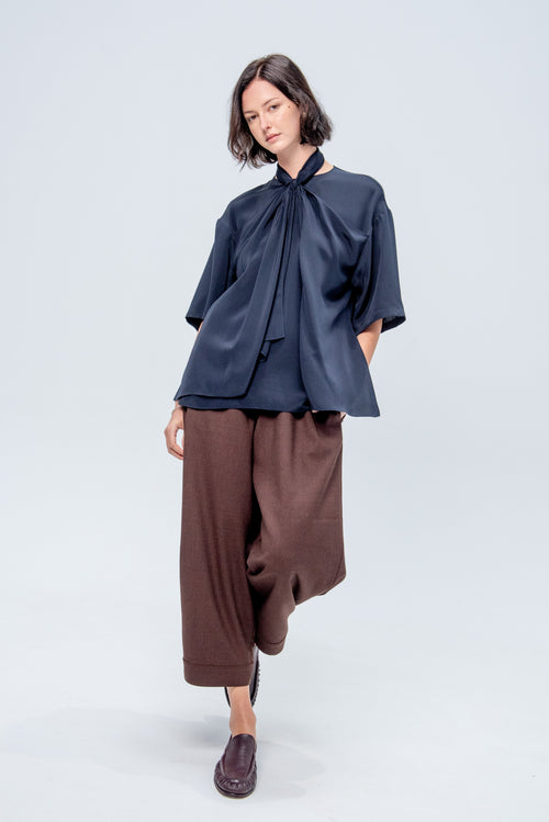 4-Ply Silk Tie Front Top, Dark Navy