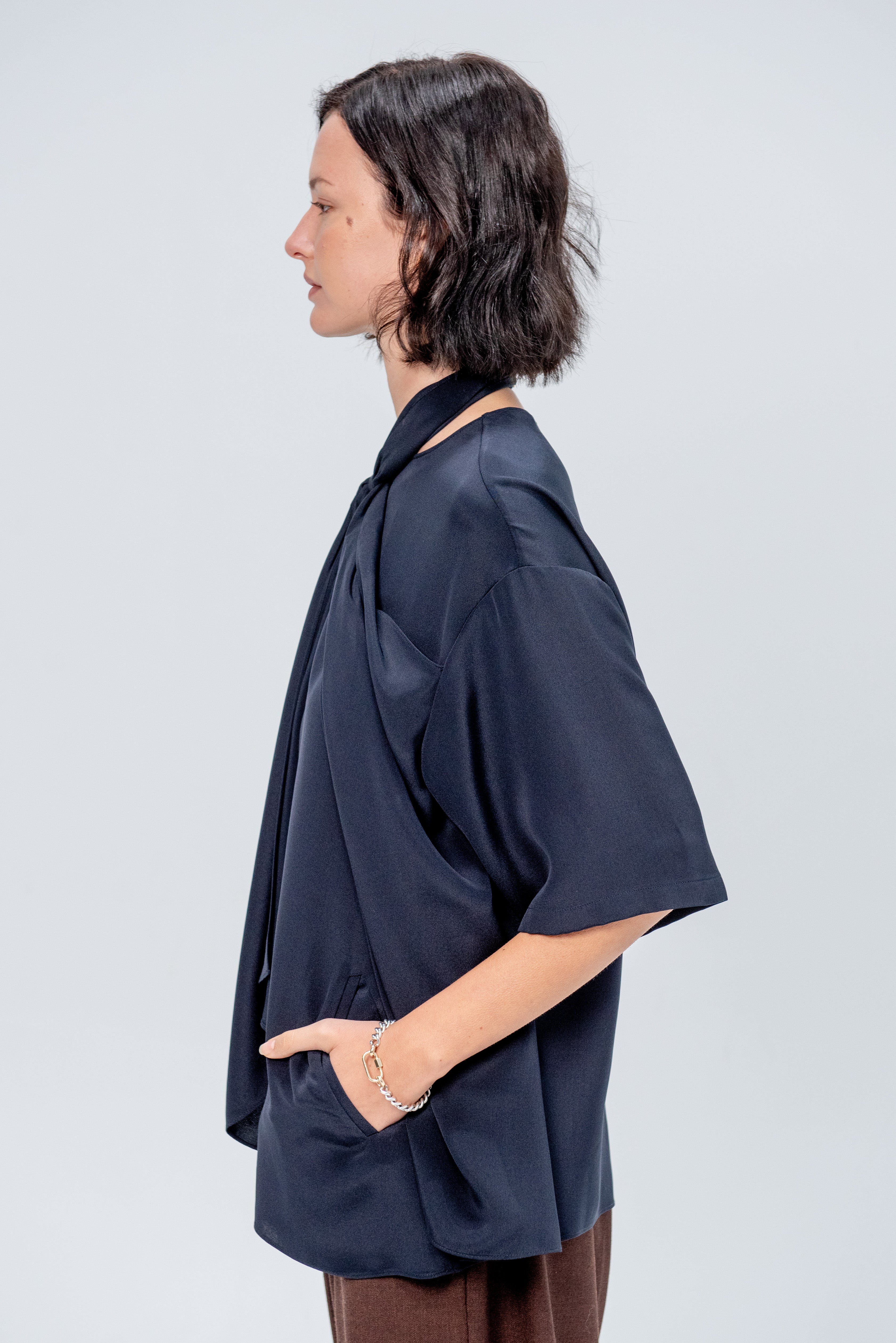 4-Ply Silk Tie Front Top, Dark Navy