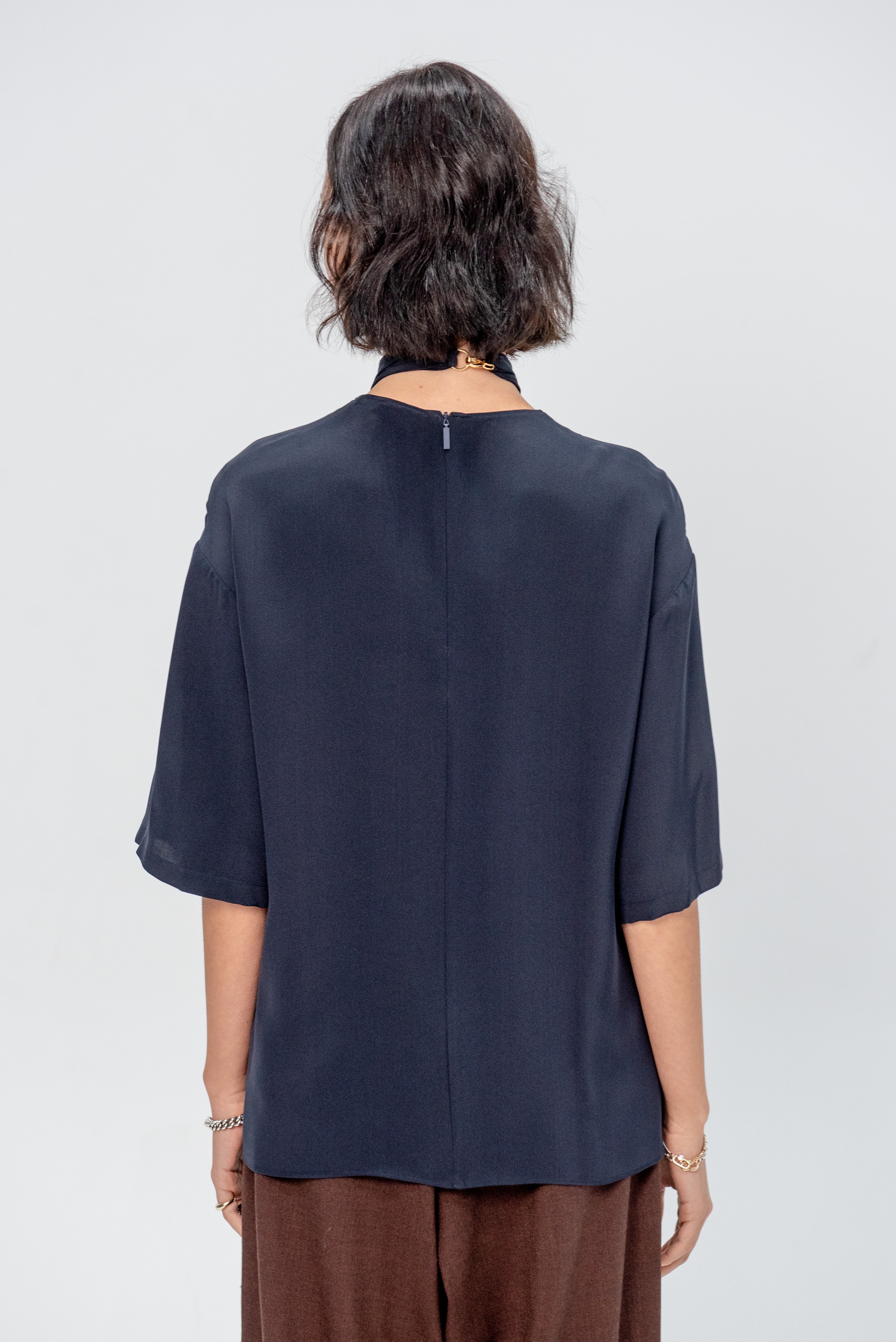 4-Ply Silk Tie Front Top, Dark Navy