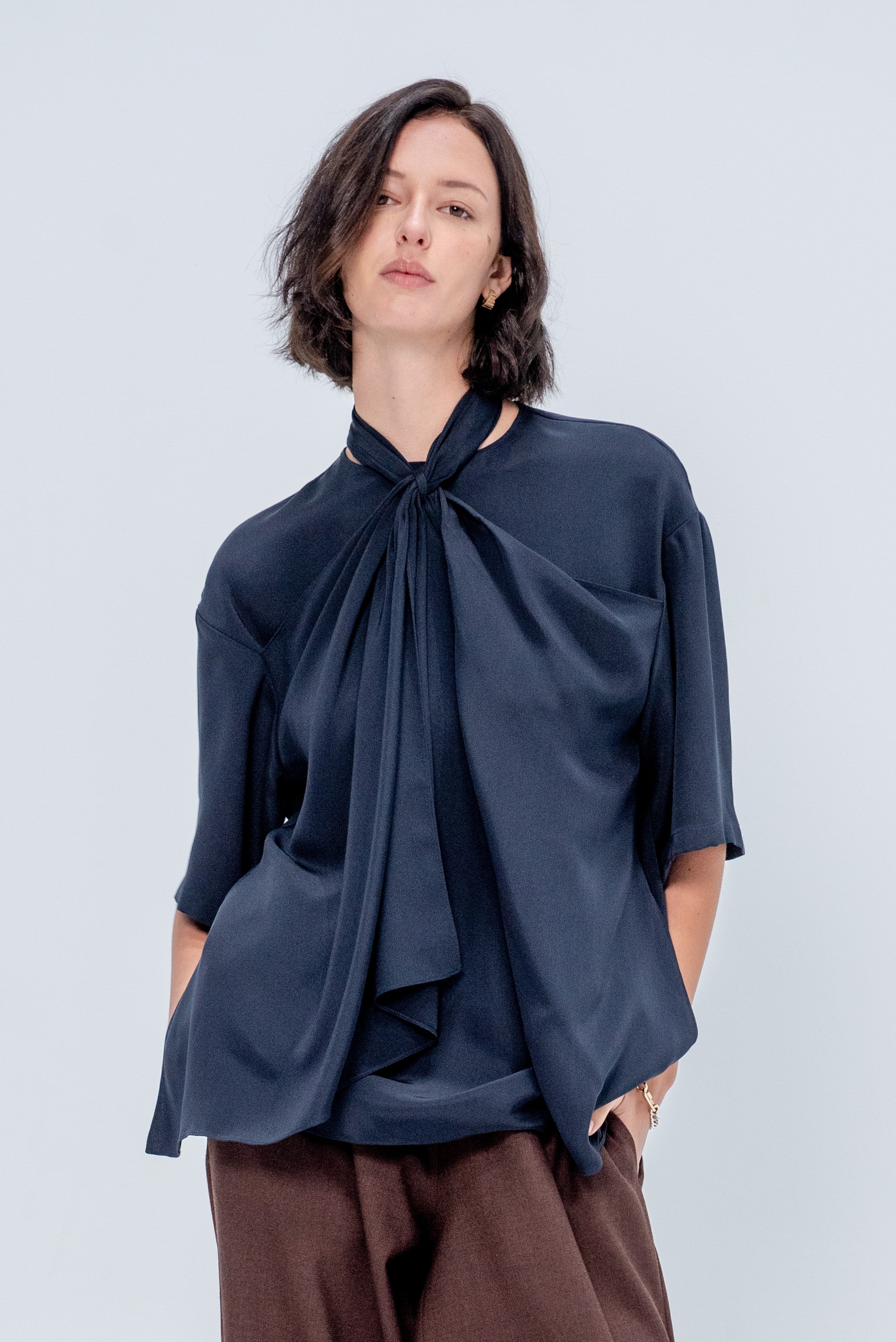 4-Ply Silk Tie Front Top, Dark Navy